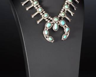 Navajo Squash Blossom Necklace, Signed BR, Silver & Turquoise, AS-IS, Vintage