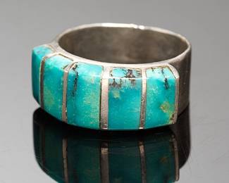 Native American Navajo Turquoise Channel Inlay Sterling Silver Ring Sz 9.75