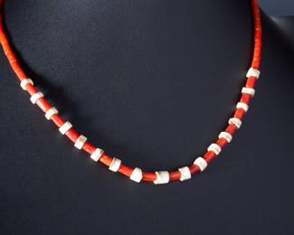 Vintage Santo Domingo Native American Red Coral & Shell Heishi Necklace
