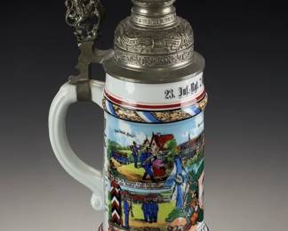 Antique German Reservist Regimental Beer Stein, Lithophane, Porcelain, 1903-05