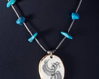 Vintage Native American Liquid Silver Necklace with Turquoise & Etched Pendant