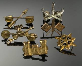 Lot of 6 Vintage US Military Branch Insignia Pins: Cavalry, Engineer, Signal, MI, Infantry, Armor