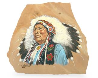 F.A. Bud Olson 1989 Original Native American Chief Flagstone Art 25x29