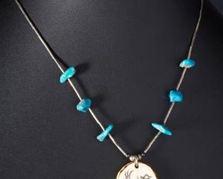 Vintage Native American Liquid Silver Necklace with Turquoise & Etched Pendant