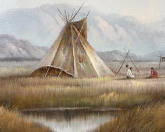 Hank Woodahl Original Oil Painting, Native American Teepees, Western Landscape