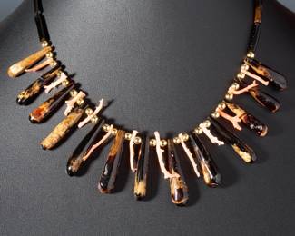 Natural Black & Pink Branch Coral Beaded Necklace with Gold Tone Accents
