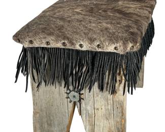 Rustic Brindle Cowhide Ottoman Stool with Fringe & Wood Base