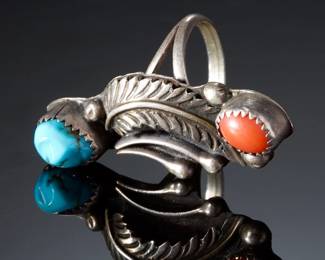 Signed H. Navajo Sterling Silver Turquoise Coral Leaf Ring Size 7 Native American