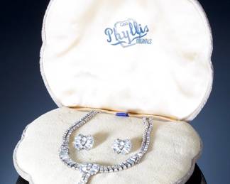 Vintage Phyllis Originals Sterling Silver Rhinestone Necklace Earring Set in Case
