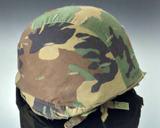 US Army PASGT K-Pot Helmet, Woodland Camo Cover, Gulf War Era Military Collectible