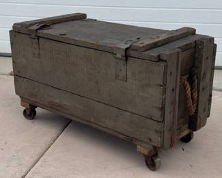 Antique Military Wood Crate on Casters | Olive Green Storage Trunk Box