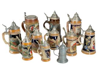 Lot of 11 Vintage German Beer Steins: Gerzit, King, 1972 Olympics, Pewter