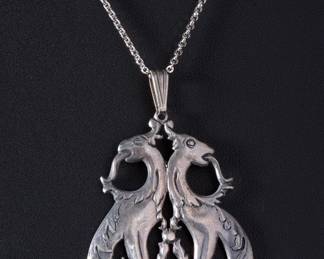 Sterling Silver Double Dragon Openwork Pendant Necklace, 18in Chain