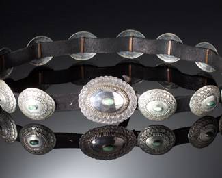 Vintage Navajo Swan Taos Silver & Turquoise Concho Belt, Native American