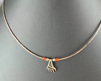 Native American Liquid Silver & Coral Bear Claw Necklace - 15in