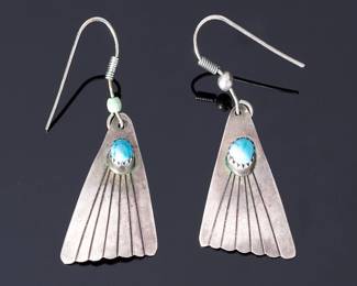 Navajo Willie Shaw Sterling Silver Turquoise Fan Earrings Native American