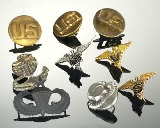 Lot of 9 Vintage US Military Pins: Jump Wings, Medical, Diver, US Army/Navy