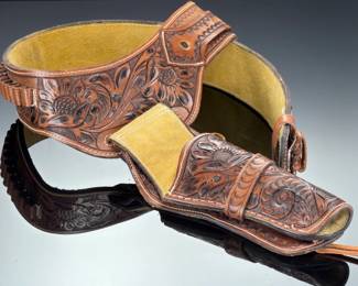 Vintage Hand-Tooled Leather Western Holster & Cartridge Belt, High Quality