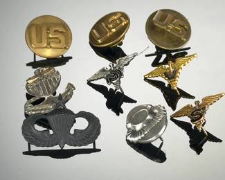 Lot of 9 Vintage US Military Pins: Jump Wings, Medical, Diver, US Army/Navy