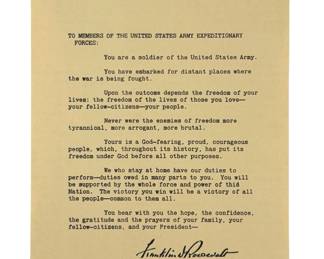 Historic 1941 Franklin D. Roosevelt White House Letter to US Troops WWII