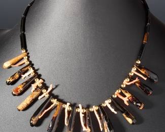 Natural Black & Pink Branch Coral Beaded Necklace with Gold Tone Accents