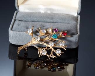 Signed Gee & Holmes Sterling Silver Family Tree Brooch w/ Rhinestones