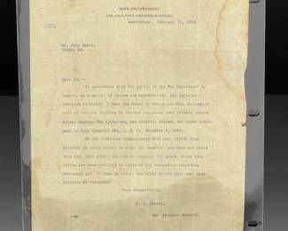 WWI War Department Letter: Soldier Edward Bolte "Slightly Gassed" (1919) w/ Newspaper Clipping
