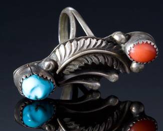 Signed H. Navajo Sterling Silver Turquoise Coral Leaf Ring Size 7 Native American