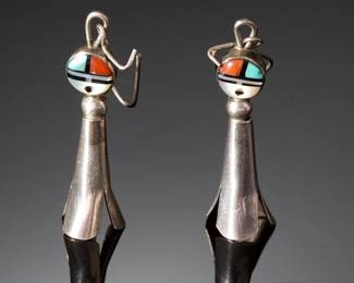 Vintage Native American Sunface Inlay Squash Blossom Sterling Silver Earrings