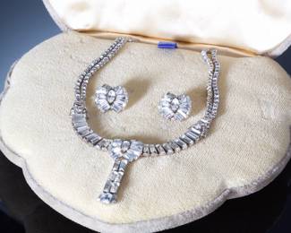 Vintage Phyllis Originals Sterling Silver Rhinestone Necklace Earring Set in Case