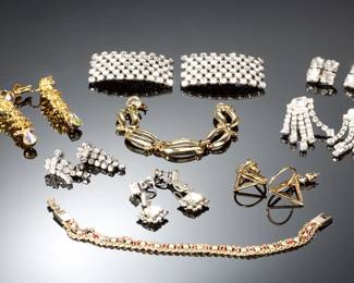 Vintage Costume Jewelry Lot: Rhinestone Clips, Bracelets, Earrings (9 Pcs)