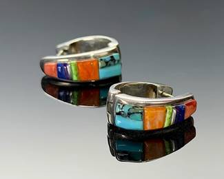 Native American Sterling Silver Multistone Inlay Huggie Hoop Earrings, Signed 'W'