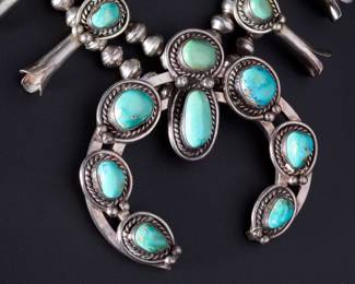Navajo Squash Blossom Necklace, Signed BR, Silver & Turquoise, AS-IS, Vintage
