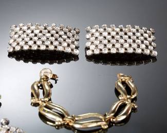 Vintage Costume Jewelry Lot: Rhinestone Clips, Bracelets, Earrings (9 Pcs)