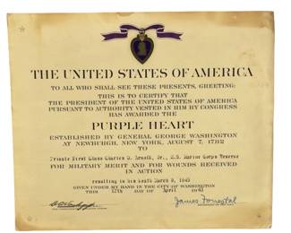 WWII Posthumous Purple Heart Certificate Pfc. Charles J. Arnold, USMC, KIA 1945