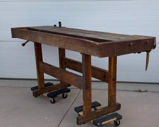 Historic Hand-Built Carpenter's Workbench, Rustic Hardwood, 85in Length