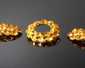 Vintage B. David Rhinestone Wreath Brooch Pin & Clip-on Earrings Set