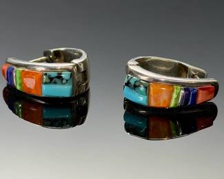 Native American Sterling Silver Multistone Inlay Huggie Hoop Earrings, Signed 'W'