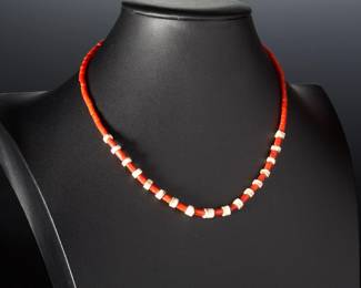 Vintage Santo Domingo Native American Red Coral & Shell Heishi Necklace