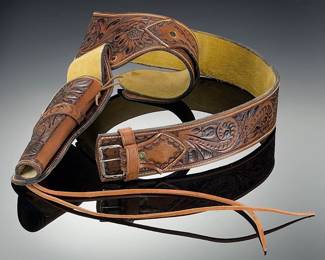 Vintage Hand-Tooled Leather Western Holster & Cartridge Belt, High Quality