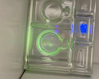 antique glass double inkwell, manganese glass, Under UV light 