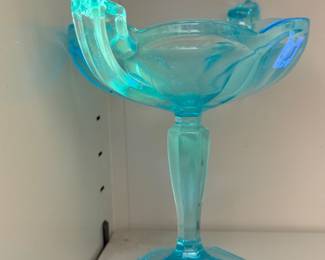 Westmoreland Glass Blue Handled Trophy Candy Trinket Bowl, under UV light