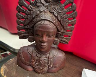 vintage hand-carved wooden bust of a Balinese woman