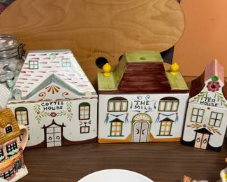 vintage hand-painted ceramic canisters shaped like village shops, manufactured in Italy by Mancer for Meiselman Imports