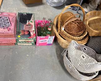Baskets, coke bottles, cast iron gingerbread house kit