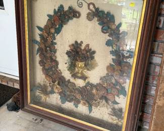 Antique very large Mourning Remembrance Hair Art Picture in Shadow Box