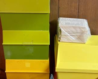 These iconic 1970s storage containers are Betty Crocker Recipe Card Library.