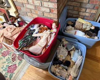 Totes of vintage dolls, porcelain dolls too
