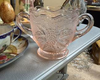 Vintage 1930s Cabbage Rose Pink Depression Glass Sugar Bowl