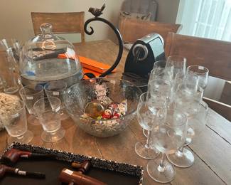 Wine Glasses, Glass Bowl, Vtg Christmas Ornaments 